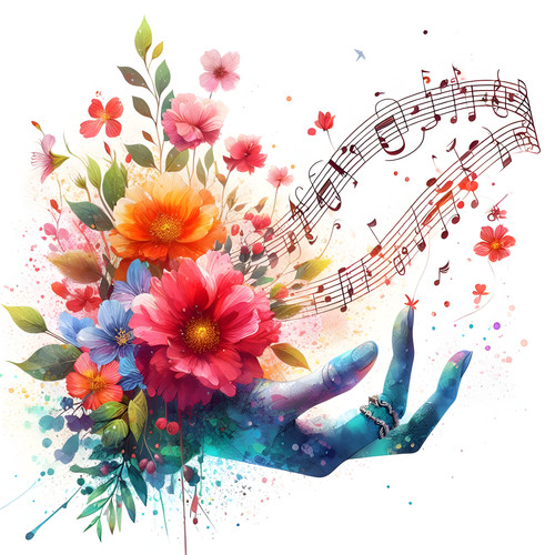 flat icon as spring sonata as watercolor illustration spring flowers full bloom with musical n.jpg