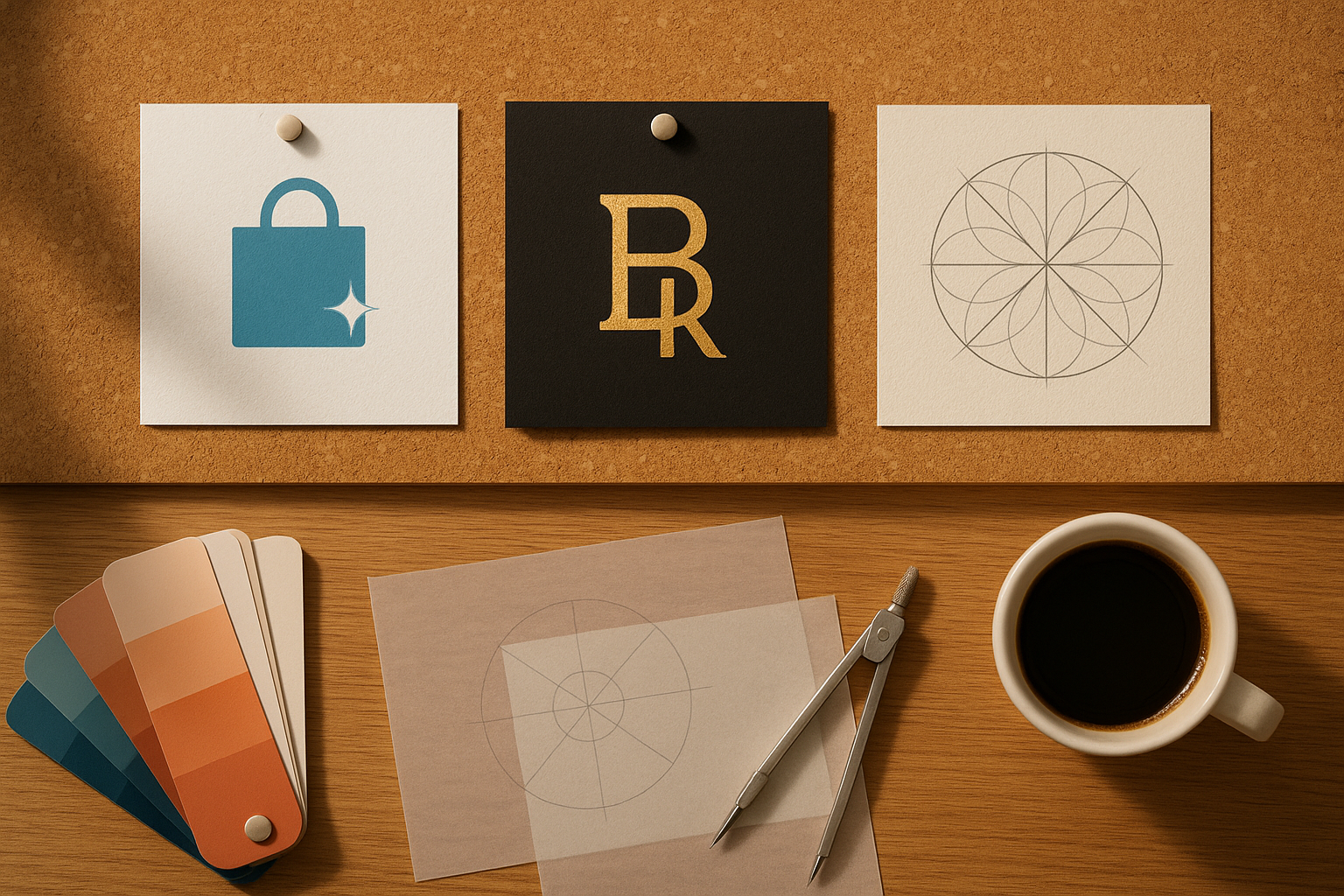 Top-down hyperreal desk scene of a brand strategist’s workspace. Three printed logo mockups are pinned to a cork board: 1 a sleek ecommerce emblem with a minimalist shopping bag and a spark accent in cool blues, 2 an intertwined two-letter monogram stamped in gold foil on matte black letterpress, 3 a geometric circular emblem constructed from perfect radial symmetry and gridlines, printed on an off-white textured label. Scatter color swatches, a metal compass, tracing paper with vector guides, and a ceramic coffee cup casting a soft shadow. Natural window light, shallow depth of field, modern editorial aesthetic, 8k, no text.