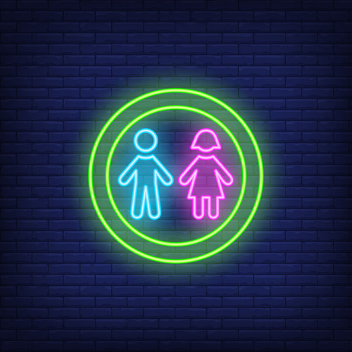 Boy and girl silhouettes in circle neon sign. Childhood and advertisement design. Night bright neon .jpg