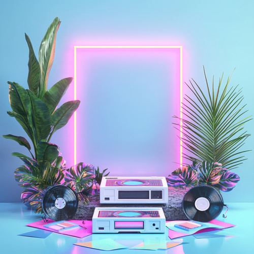 retro cassette player vinyl records with tropical plants neon light.jpg