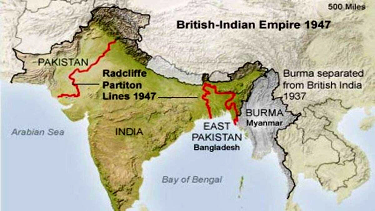 خريطة تاريخية تظهر خط رادكليف الذي قسم الهند وباكستان عام 1947، مع إبراز الحدود الجديدة والمناطق المتأثرة