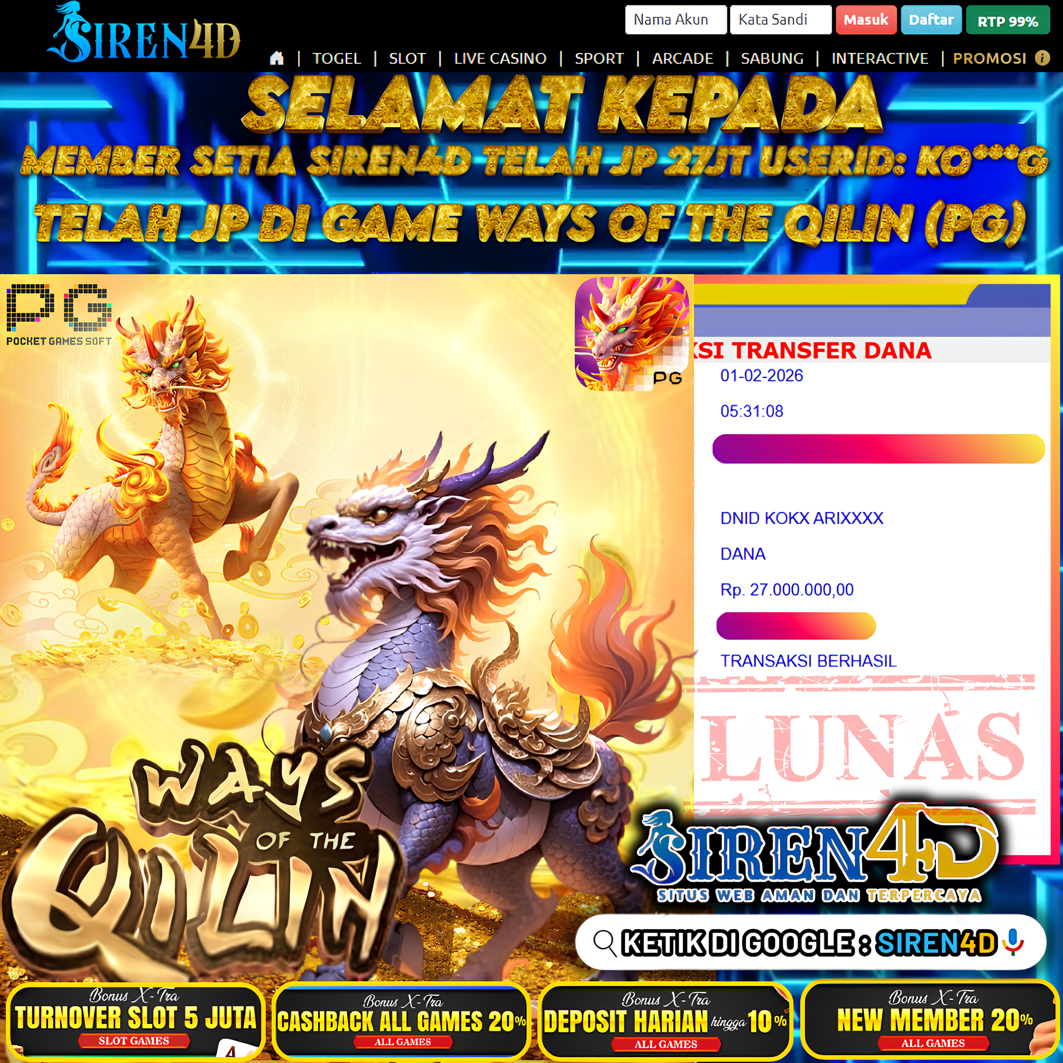 SIREN4D  - TELAH JACKPOT DI GAME  WAYS OF THE QILIN (PG)   RP 27JT DIBAYAR LUNAS