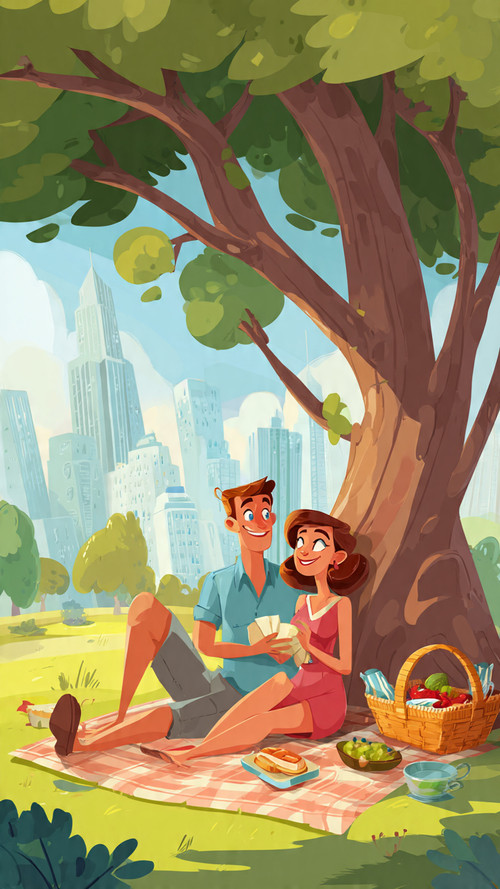 cartoon couple having picnic under big tree in cit.jpg