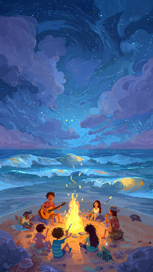 cartoon friends around beach bonfire guitars marsh.jpg