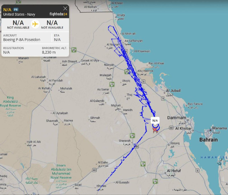 نشاط مكثف لطائرة الاستطلاع العملاقة بوسيدون التابعة للبحرية الأمريكية في أجواء شرق السعودية...