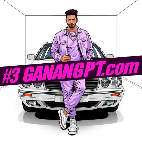 A lavender streetwear Bollywood performer leaning on a white GaanaGPT car inside an all white room. .jpg