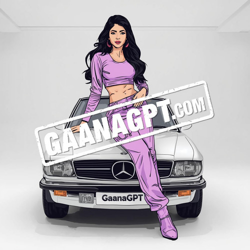 A stylized illustrated Bollywood woman in lavender streetwear, leaning on a white GaanaGPT branded c.jpg