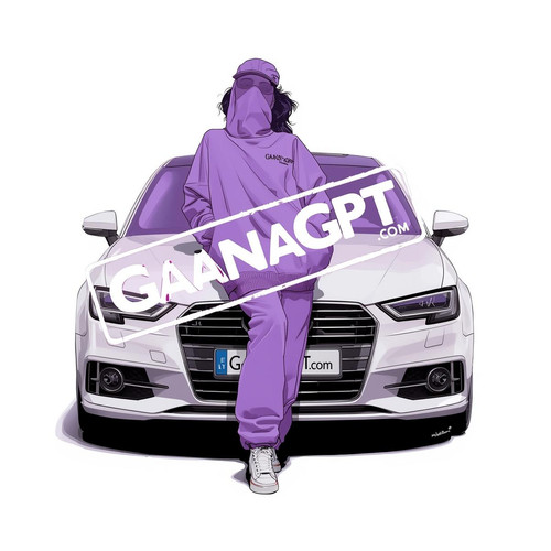 A stylized illustrated Bollywood woman in lavender streetwear, leaning on a white GaanaGPT branded c.jpg