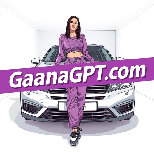 A lavender streetwear Bollywood performer leaning on a white GaanaGPT car inside an all white room. .jpg