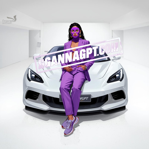 A stylized illustrated Bollywood woman in lavender streetwear, leaning on a white GaanaGPT branded c.jpg