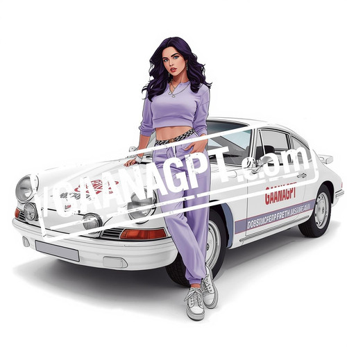 A stylized illustrated Bollywood woman in lavender streetwear, leaning on a white GaanaGPT branded c.jpg