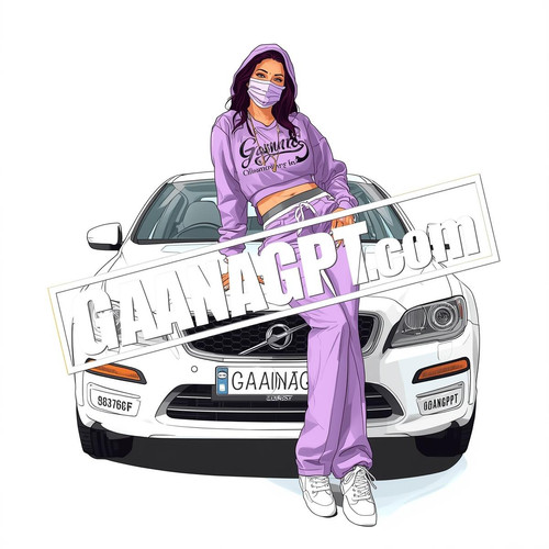A stylized illustrated Bollywood woman in lavender streetwear, leaning on a white GaanaGPT branded c.jpg