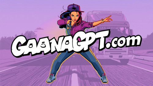 Bollywood comic rap girl striking a pose, lavender highway, GaanaGPT truck — solid #8376bf overlay o.jpg