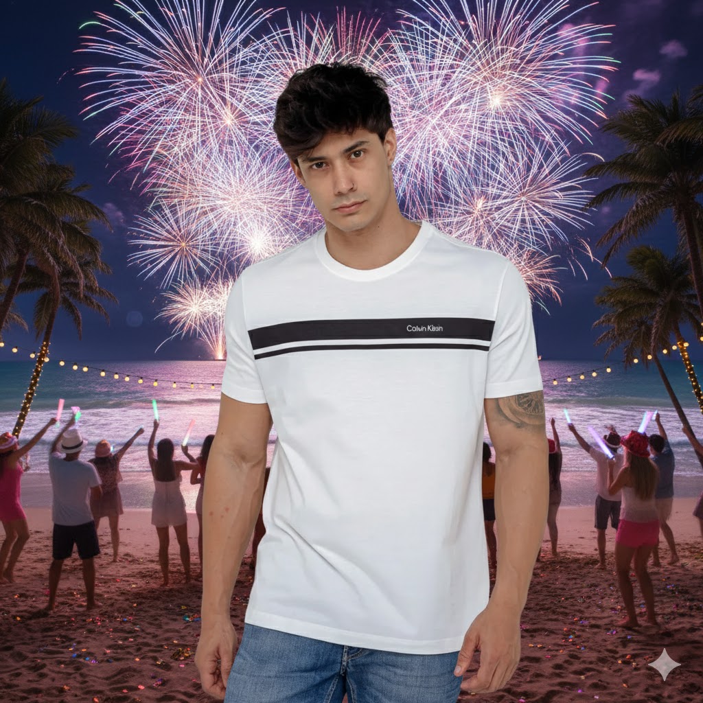 Camiseta Masculina Calvin Klein Estampada Peito Branca Nova