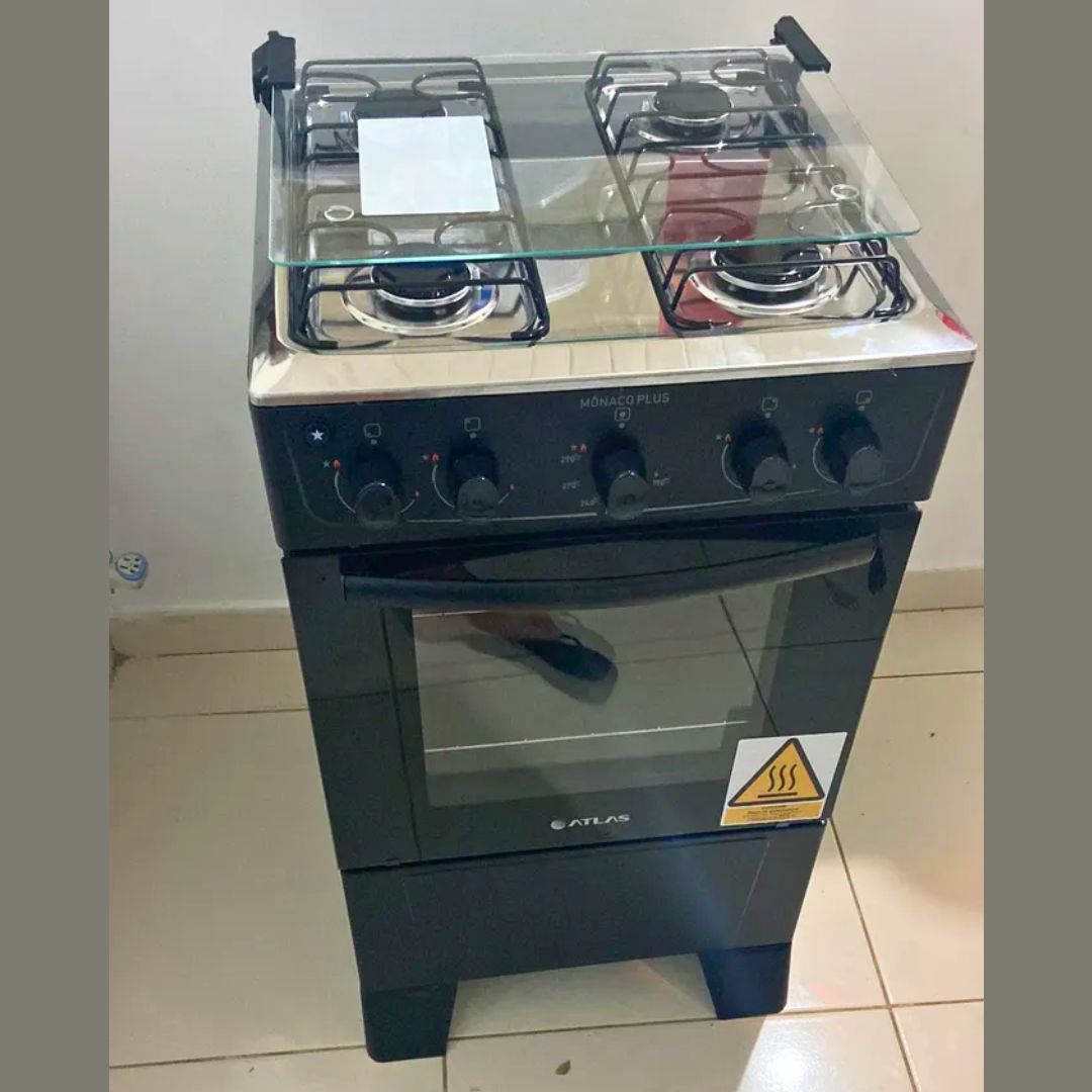 Fogão 4 Bocas Atlas Mônaco Plus Preto Com Mesa Inox E Acendimento Automático Bivolt