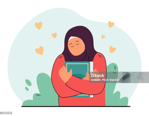 Happy nun hugging Bible. Flat vector illustration. Woman with head covered in scarf being in good mo.jpg