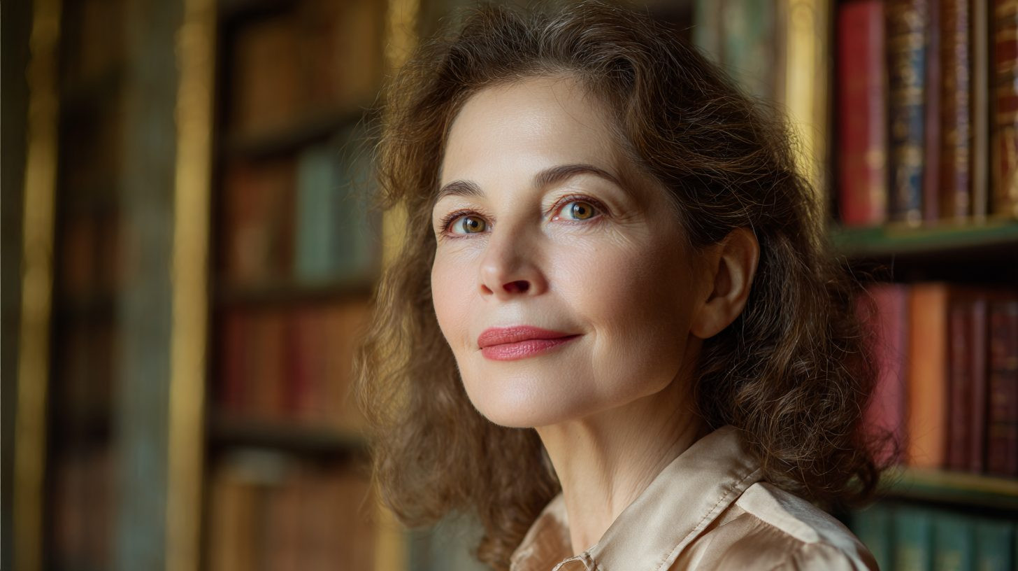 Елена Козлова — портрет автора статьи, женщина средних лет в светлой блузке на фоне книг