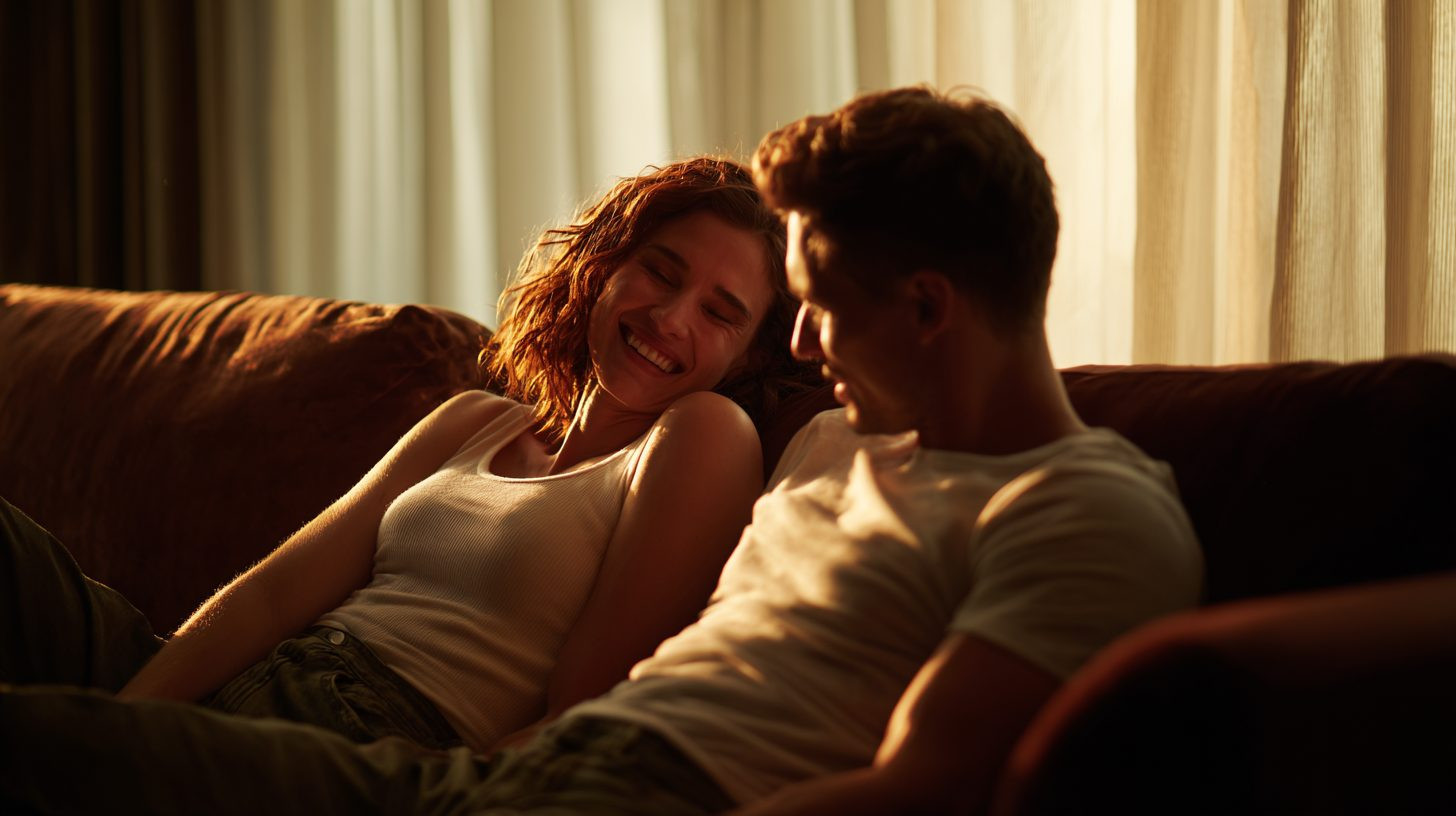 Пара на диване с разными эмоциями