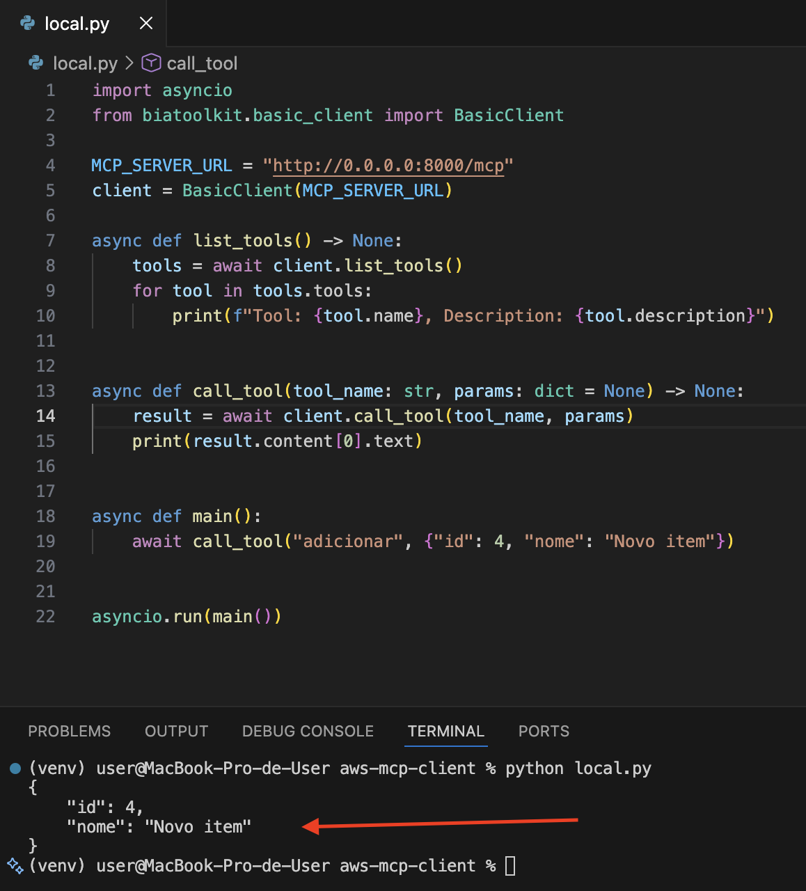 Figura 03 - Cliente MCP executando uma tool do servidor