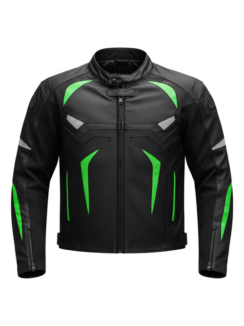Men Green Stripes Motorcycle Protector Armored Leather Jacket 1.jpg