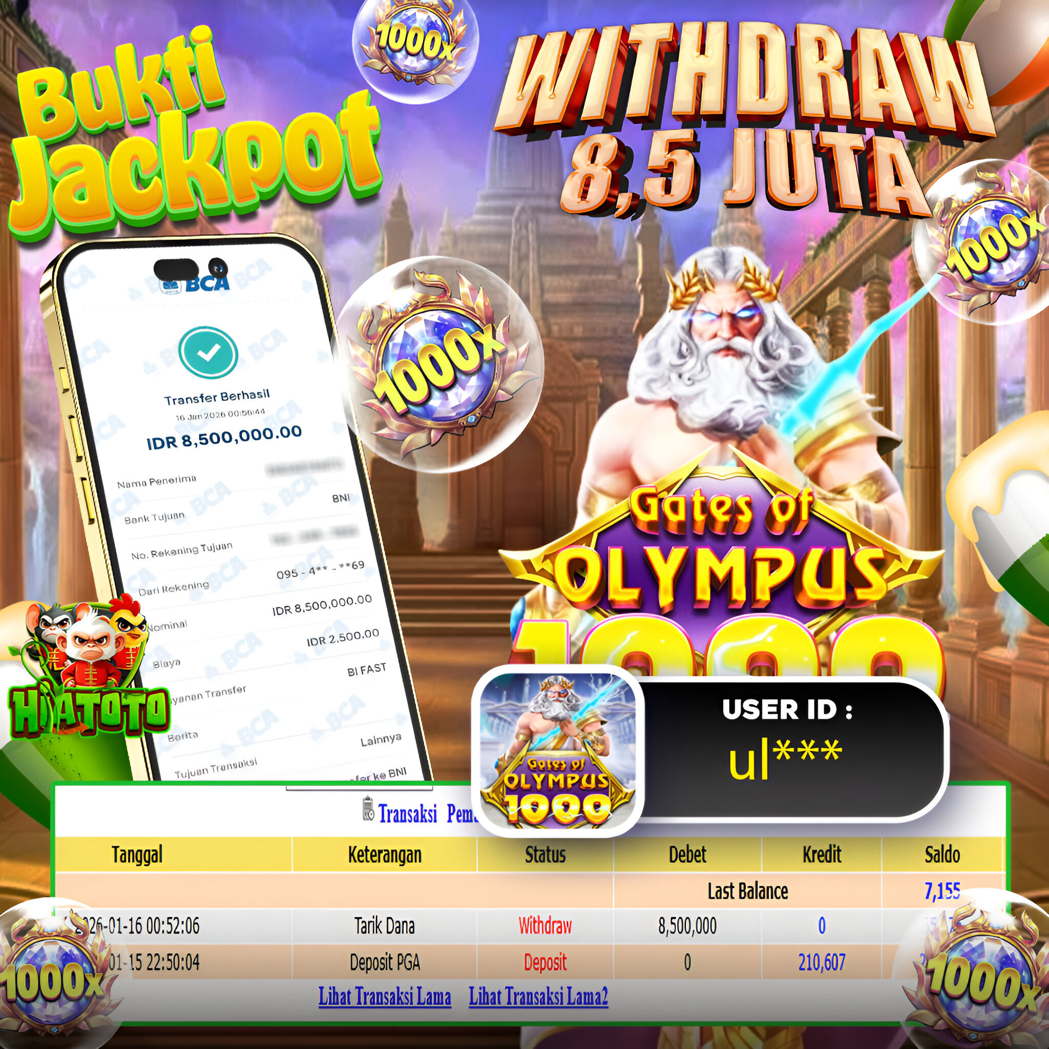 HIATOTO JACKPOT!!! Jackpot GATE OF OLYMPUS 1000   Sebesar Rp,8.500.000 Juta Di Bayar Lunas!