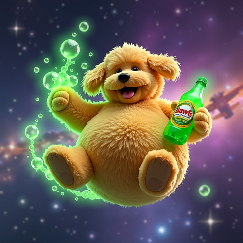 Big Belly Bob BBB a plush labradoodle with an absurdly large spherical belly floating weightlessly i.jpg