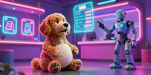 Big Belly Bob BBB a plush labradoodle with an absurdly large spherical belly sitting in a vibrant fu.jpg