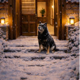 1층 현관 입구에서 눈 맞고 있는 레오.png