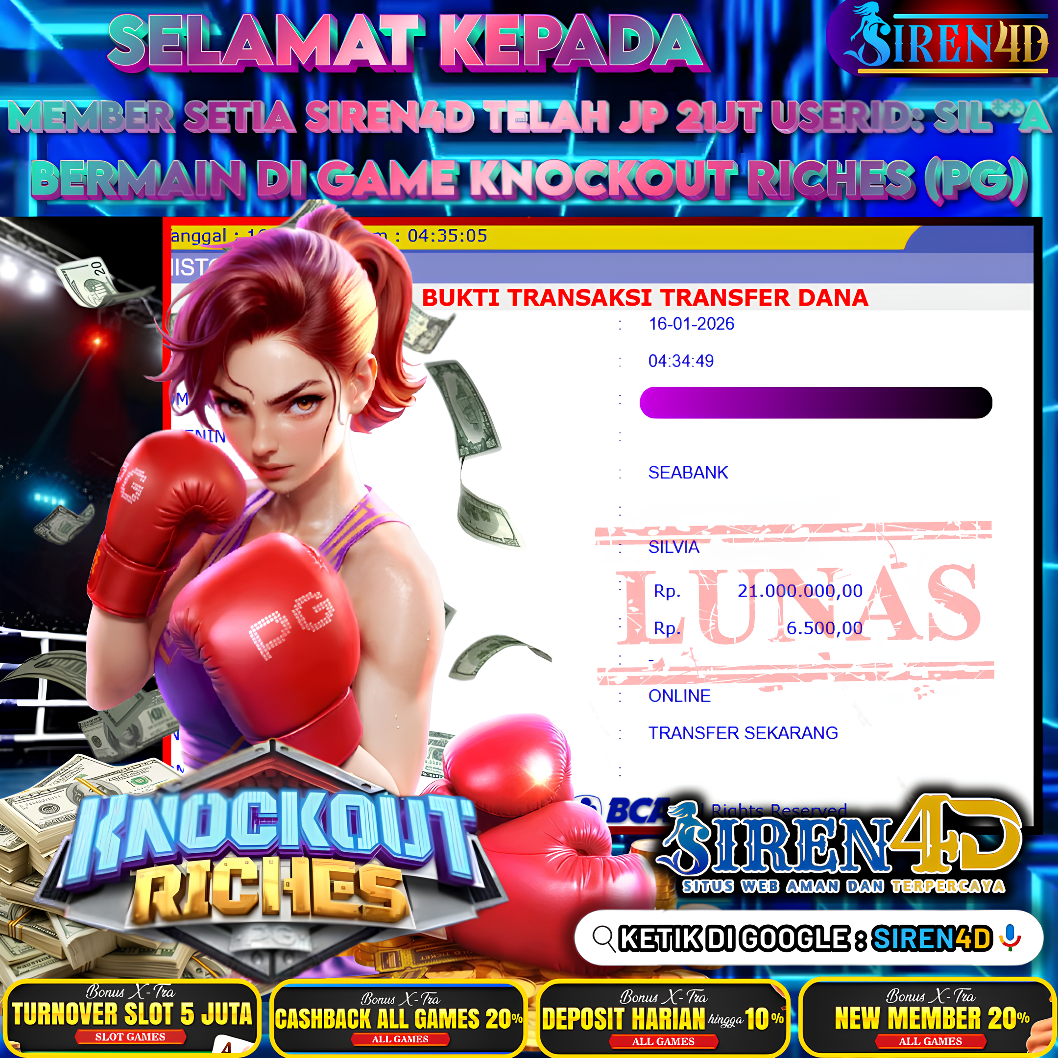 SIREN4D  - TELAH JACKPOT DI GAME KNOCKOUT RICHES (PG)  RP 21JT DIBAYAR LUNAS