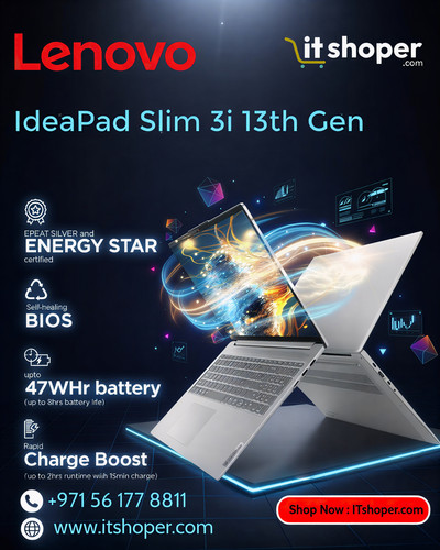 Lenovo IdeaPad Slim 3i 13th Gen laptop displayed in a modern tech design, promoted by ITshoper.com e.jpg