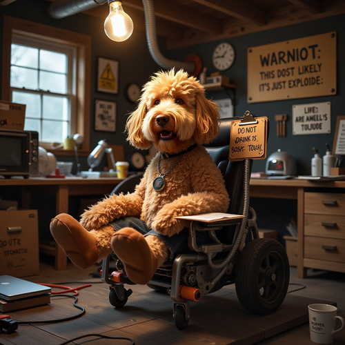Big Belly Bob BBB the plush labradoodle is now seated on a jugaad mad scientist conveyance system a .jpg