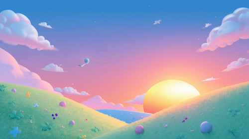 Buat background untuk game Flappy Math Bird gaya 3D cartoon. Background langit senja cerah, ada mata.jpg