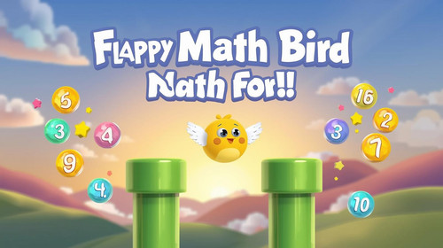 Render adegan gameplay Flappy Math Bird gaya 3D cartoon. Burung 3D kuning bulat terbang dengan anima.jpg