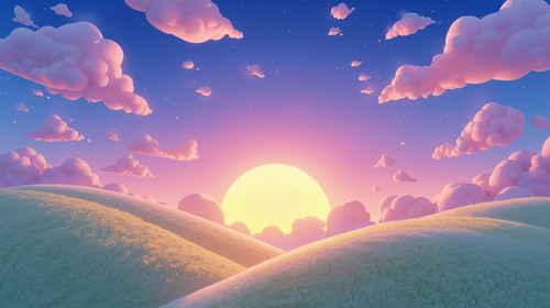 Buat background untuk game Flappy Math Bird gaya 3D cartoon. Background langit senja cerah, ada mata.jpg