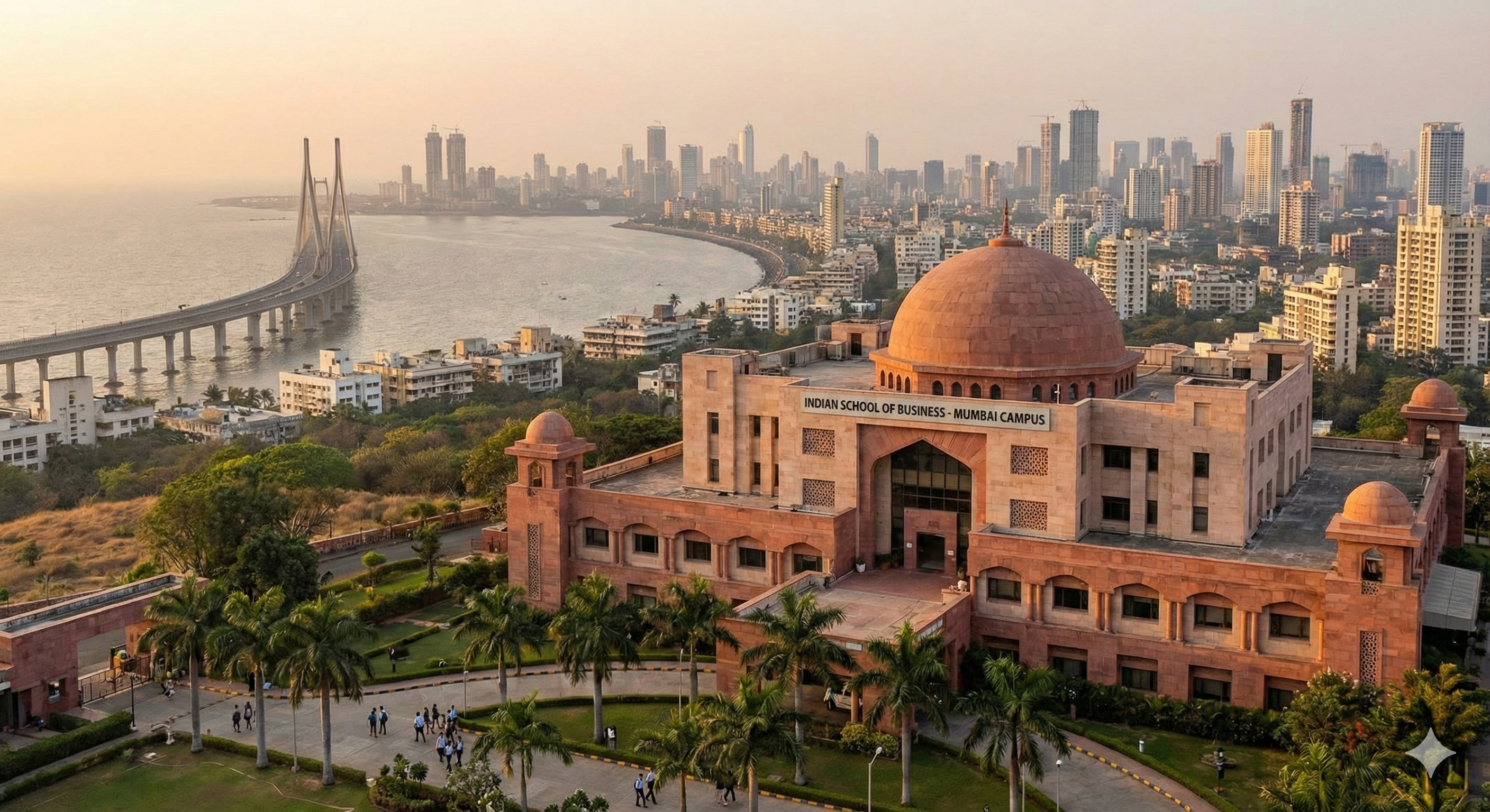 Iconic business school building against a Mumbai cityscape
