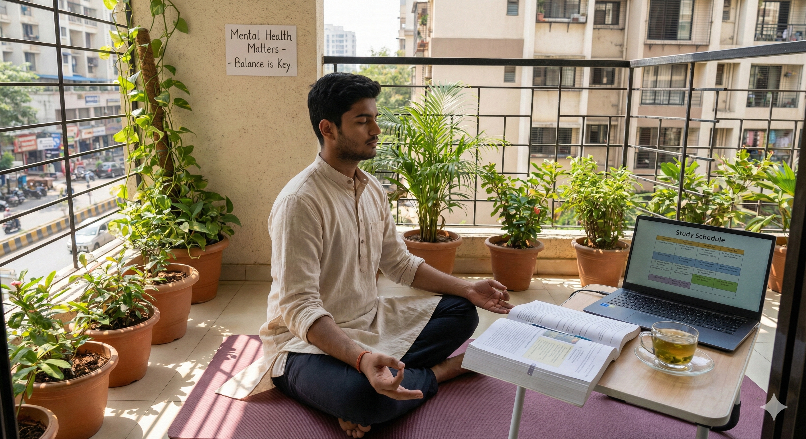Student meditating peacefully while studying, promoting mental health