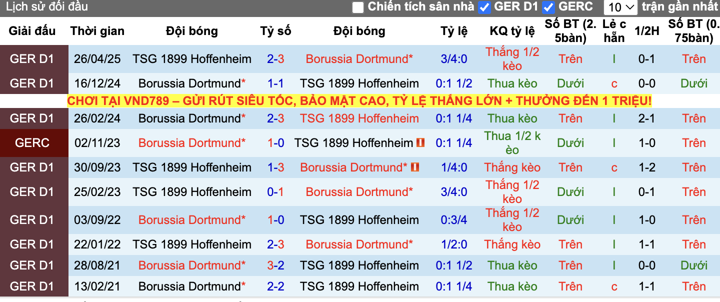 Thành tích đối đầu Dortmund vs Hoffenheim