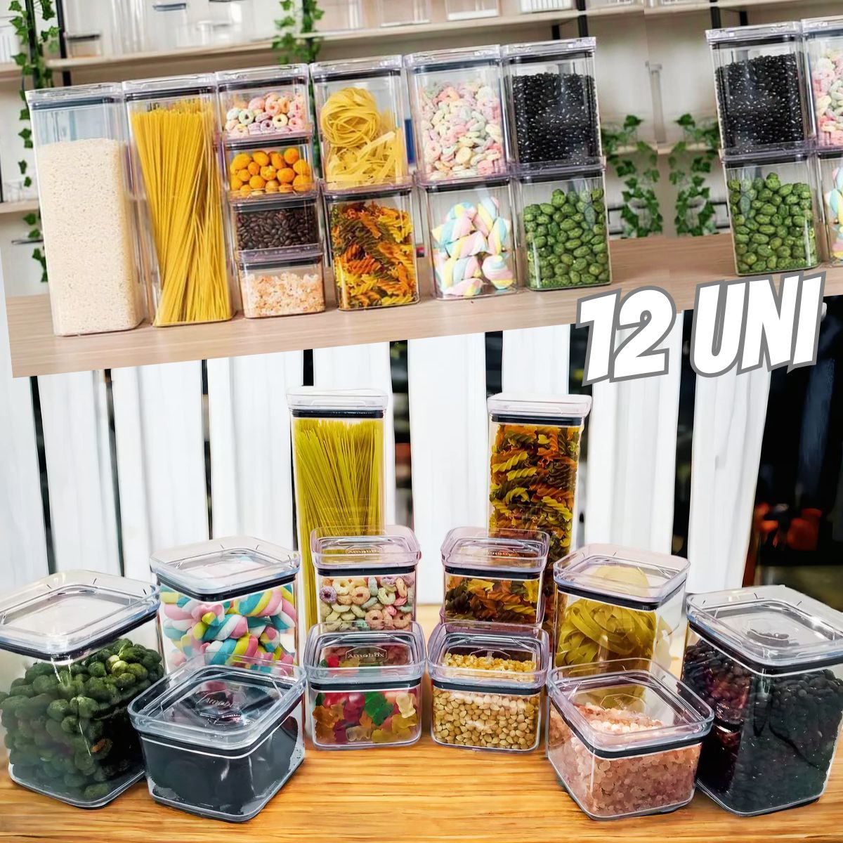 Kit Potes Porta Mantimento Hermético Quadrado Cozinha 12 Uni