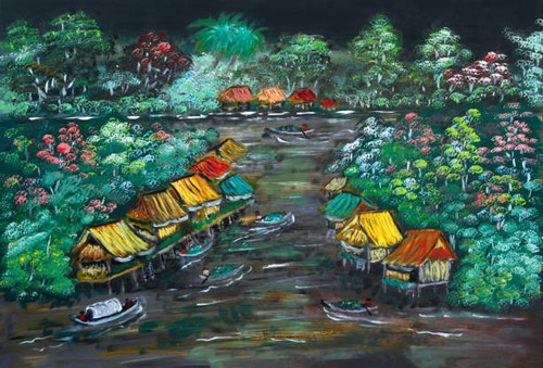 Oil painting of small village of Floating homes on the river.jpg