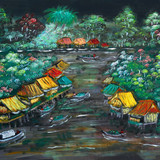 Oil painting of small village of Floating homes on the river