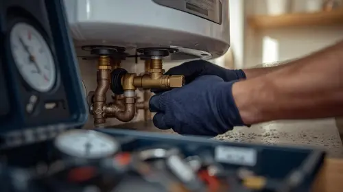Kang Heating & Plumbing engineer repairing boiler valves and pipes with professional tools - Emergency plumbing service in Stockport