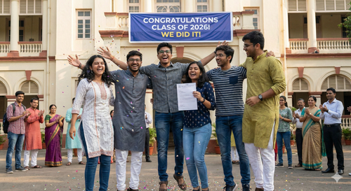 Students celebrating successfully passing their entrance exam and getting admitted to a top college