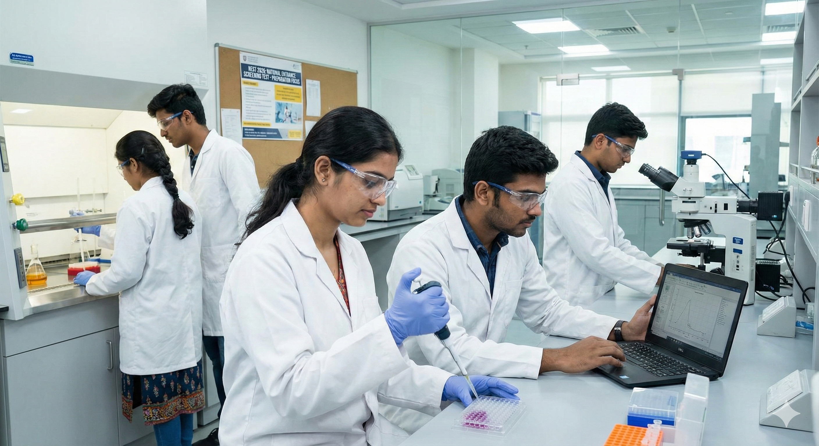 Students conducting research in a modern science laboratory, aiming for NEST 2026 admission