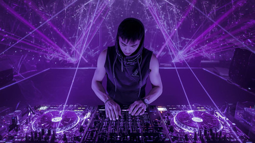 Sexy DJ man in sleeveless hoodie, turntable holograms, violet lasers across the frame; “GaanaGPT.com.jpg
