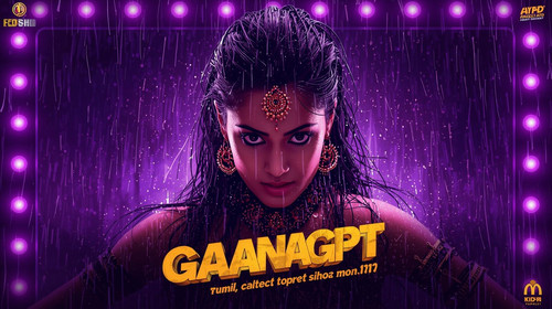Tamil kuthu style dancer woman with wet hair, purple LED lights, rain effect, cinematic poster frame.jpg
