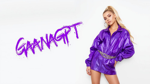 16 9 image, matte white background. Popstar placed on the right, height at 40%, wearing purple neon .jpg