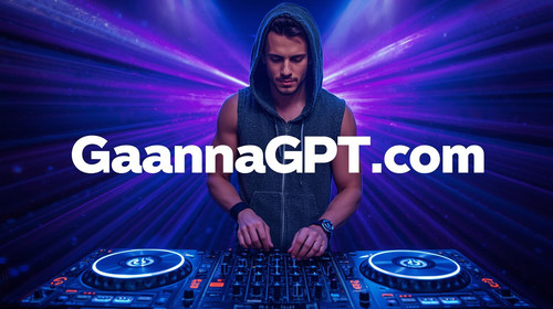 Sexy DJ man in sleeveless hoodie, turntable holograms, violet lasers across the frame; “GaanaGPT.com.jpg