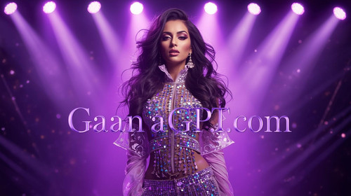 A glamorous Bollywood popstar woman in a neon purple spotlight, bold makeup, holographic outfit, dra.jpg