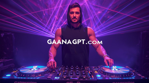 Sexy DJ man in sleeveless hoodie, turntable holograms, violet lasers across the frame; “GaanaGPT.com.jpg
