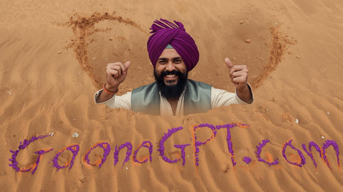 Rajasthani folk pop man with purple turban, desert freeze frame aesthetic; “GaanaGPT.com” etched in .jpg